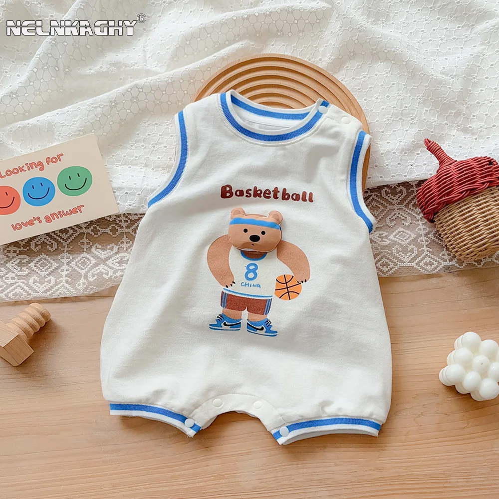 2024 Summer Sleeveless Bear Design Breathable Baby Romper for Boys 0-2 Years, Korean Style Handsome Jumpsuit for Outdoor Wear