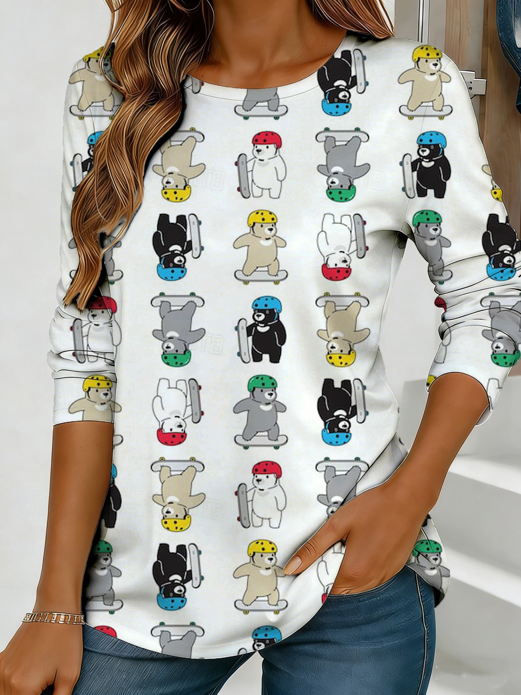 Women's fun cat face print long-sleeved T-shirt, casual round neck, loose and breathable, everyday summer fashion top.