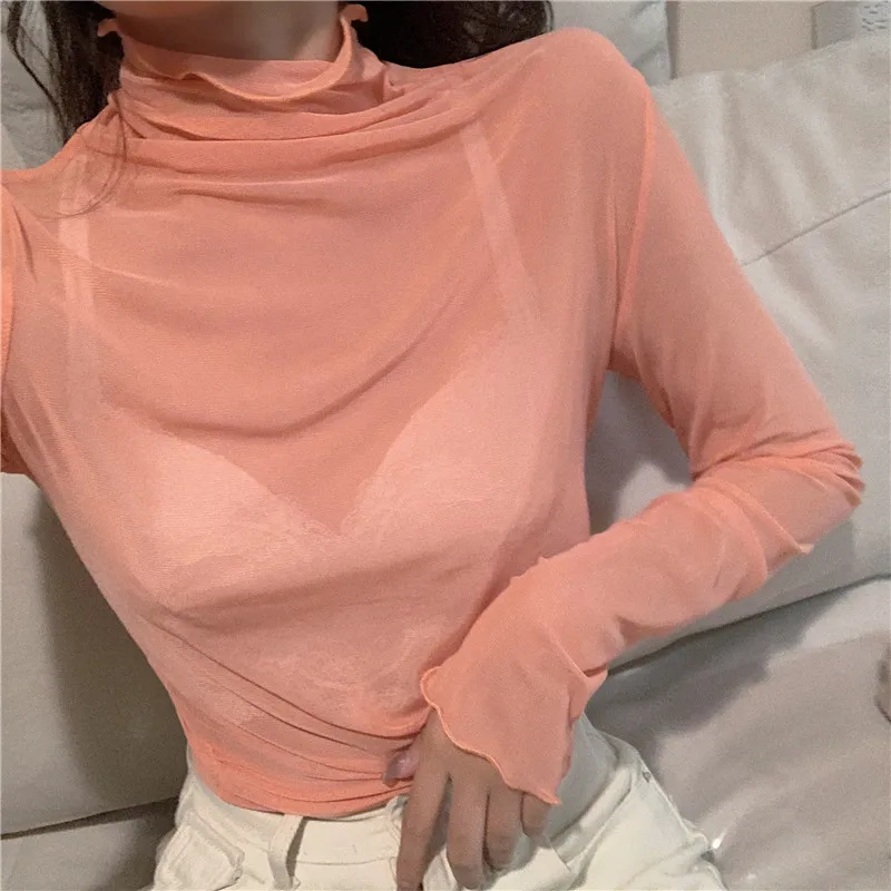 New Girls Mesh T Shirts Tees Female Spring Summer Transparent Full Sleeve Turtleneck Thin Shirt Tops Undershirts Women