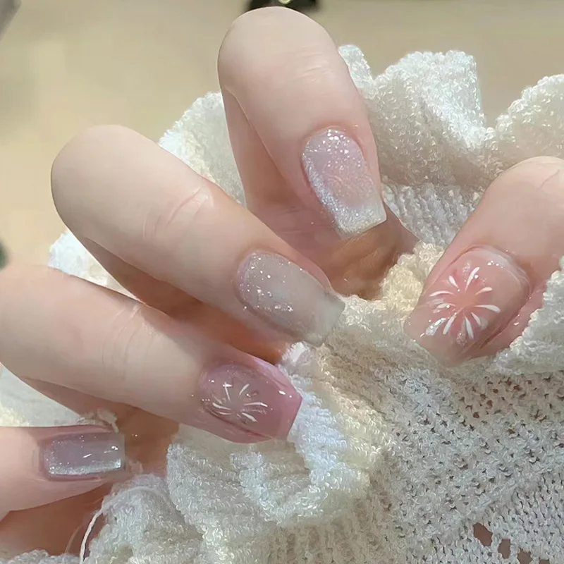 

24pcs Fake Nails Delicate & Sweet Crystal Firework Short T-Shape Press-On Nail Tips Perfect for Gifting To Girls and Friends