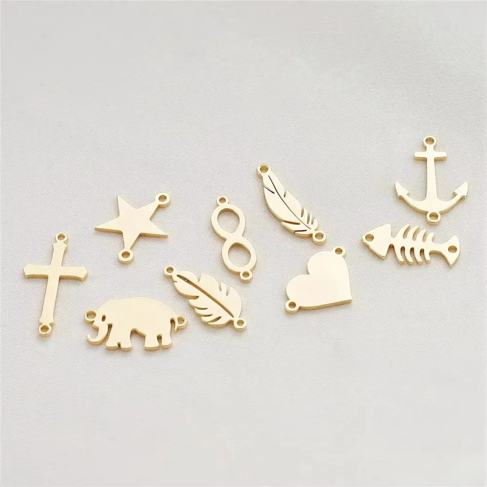 14K Gold-wrapped Glossy Love Leaf Anchor Double Pendant Flat Piece Pendant DIY Bracelet Necklace Earrings Accessories