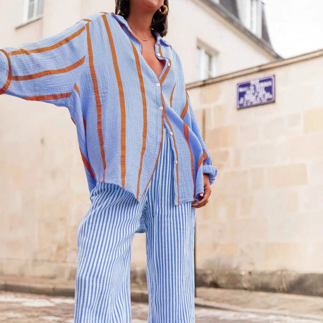 

New Vintage Women Oversized Long Sleeve Stripes Shirt Blouse Tops Autumn Button Down Loose Lapel Shirt Street Style Lady Blusas