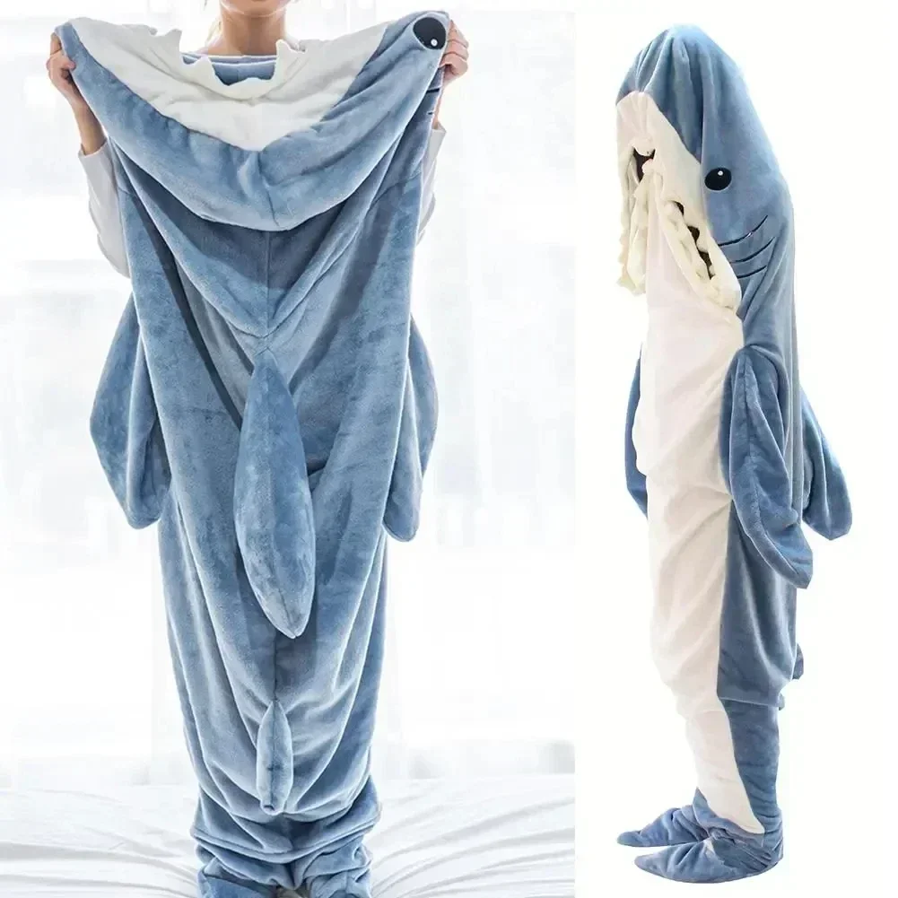 Cartoon Blue Gray Shark Blanket Sleeping Bag Pajamas Office Sleeping Suit Child Adult Plush Hoodie Fish Cosplay Costume Clothes - view 4