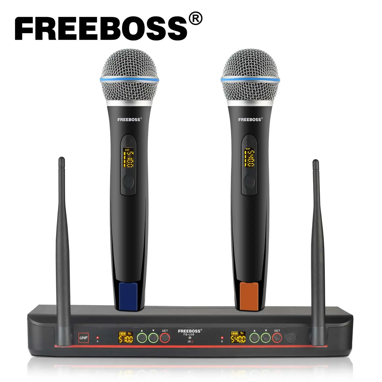 FREEBOSS UHF Wireless Dynamic Handheld Microphone 2*100 Channel Adjustable Frequency Auto Scan Cordless Mic for Karaoke FB-U38