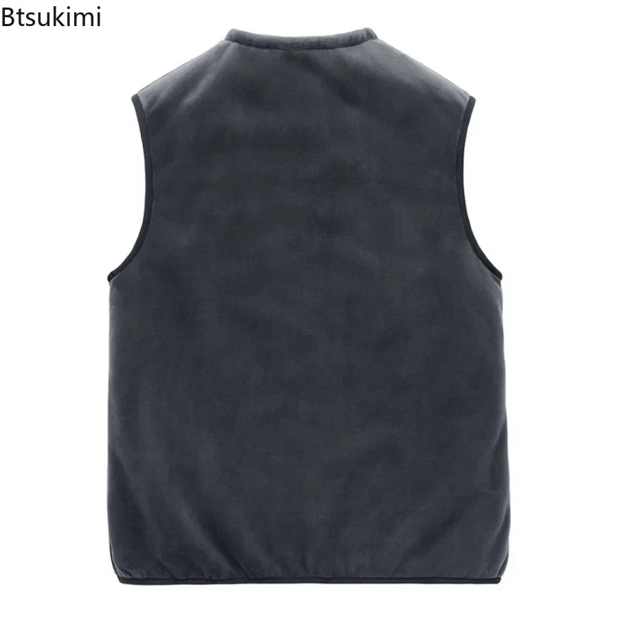 New Men's Thicken Lamb Fleece V-neck Vests Autumn Winter Warm Zipper Vest Coat Casual Sleeveless Pocket Jacket Waistcoat for Men