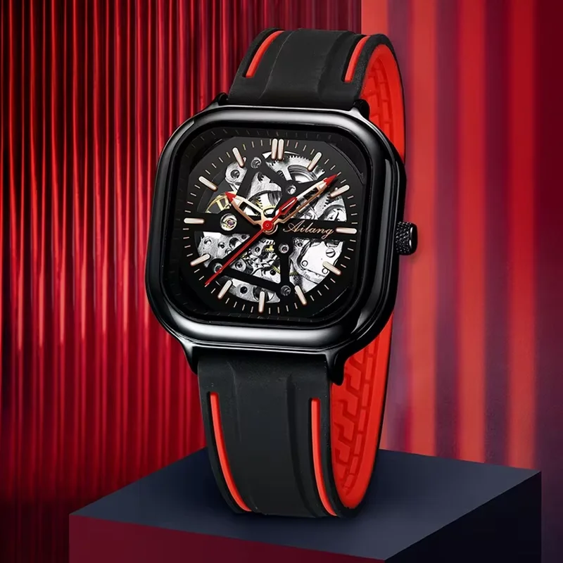 Square Case AILANG Brand Skeleton Mechanical Watch 3 Types Strap Leather Mesh Silicone Waterproof Hollow Automatic Watches