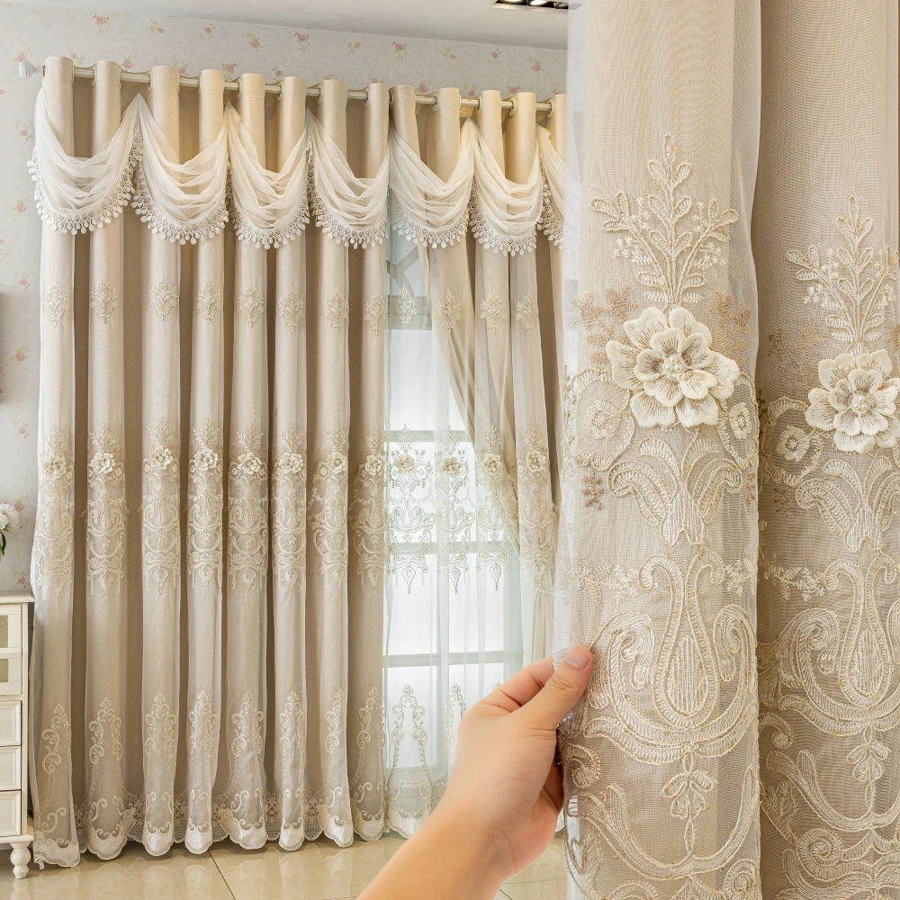 Luxury French Romantic Beige Blackout Curtains with 3D Floral Embroidery, Elegant Lace Wave Valance, Grommet Top for Bedroom & Living Room(Beige,52x84 Inch,52x96 Inch)