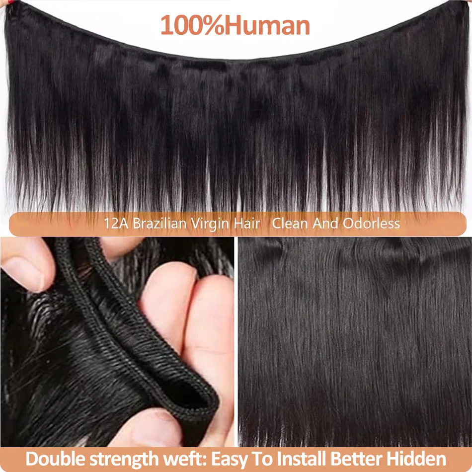 Cabello humano liso de hueso brasileño, 3 4 mechones, extensiones de cabello Remy virgen crudo, doble trama, venta al por mayor, paquete de 30 y 36 pulgadas