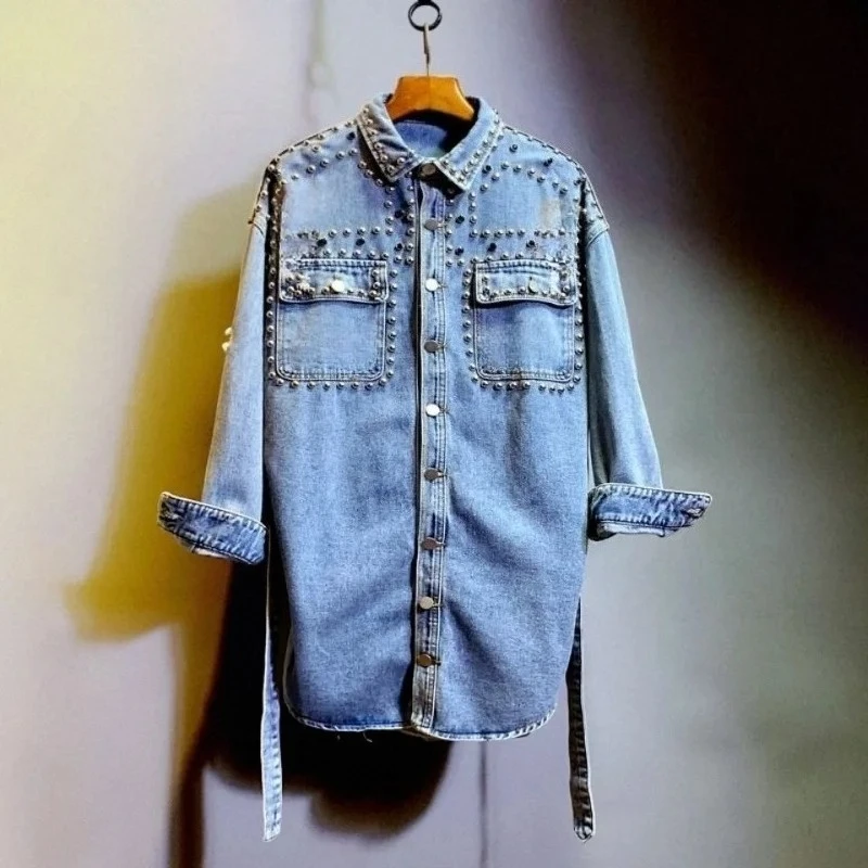 Women's Spring Autumn Jean Jacket Single-breasted Denim Shirt Studded Ripped Denim Jacket Casual Top Design Denim Jacket Women