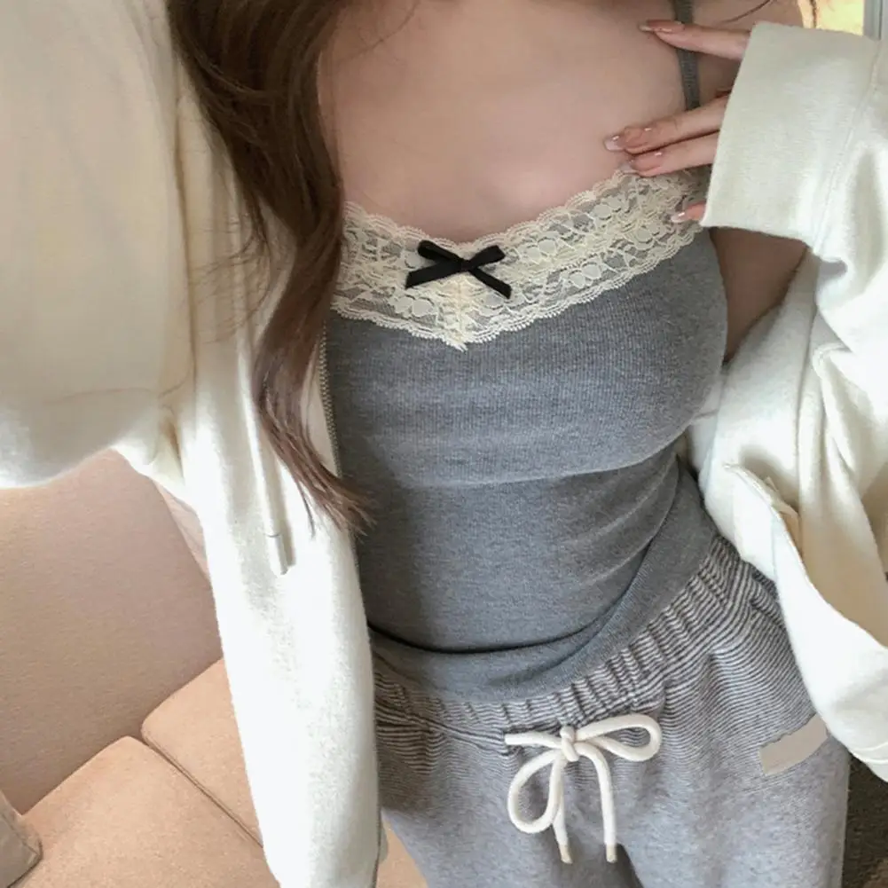 Cute Sexy Summer Women Bottoming Vest Sling Sleeveless Bow Lace Trim Top Solid Color Breathable Tank Tops