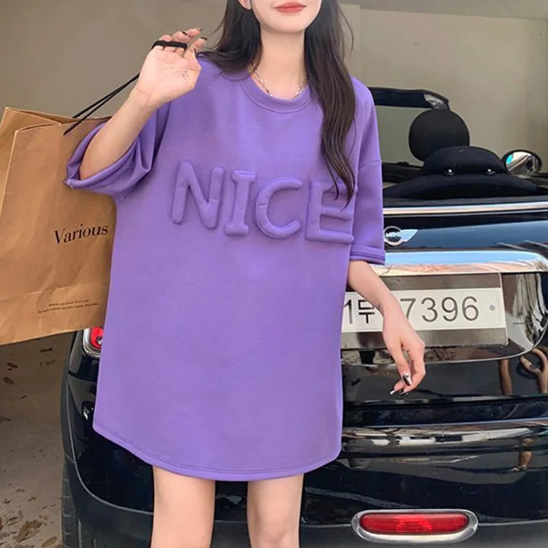 2023 Summer Fashion Round Neck Three-dimensional Letter Loose Casual Versatile Oversized Mid Length Short Sleeved Large T-shirt