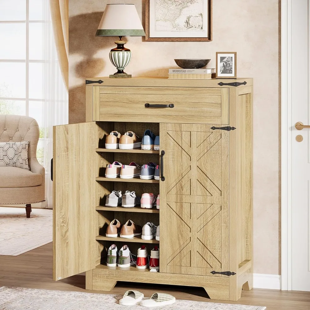 

Shoe Cabinet with Doors & Drawer, 5-Tier Narrow Shoe Storage Organizer, 20-25 Pairs Farmhouse Wooden Shoe Rack