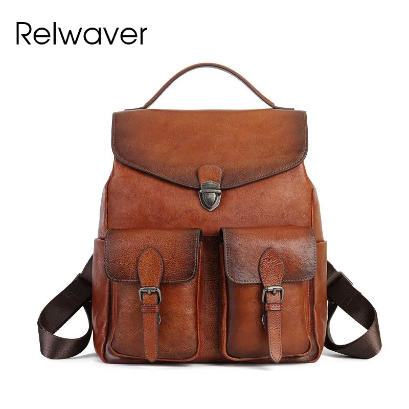 

Relwaver women backpack genuine leather tree cream cow leather backpack 2024 winter brown preppy vintage style daily backpack