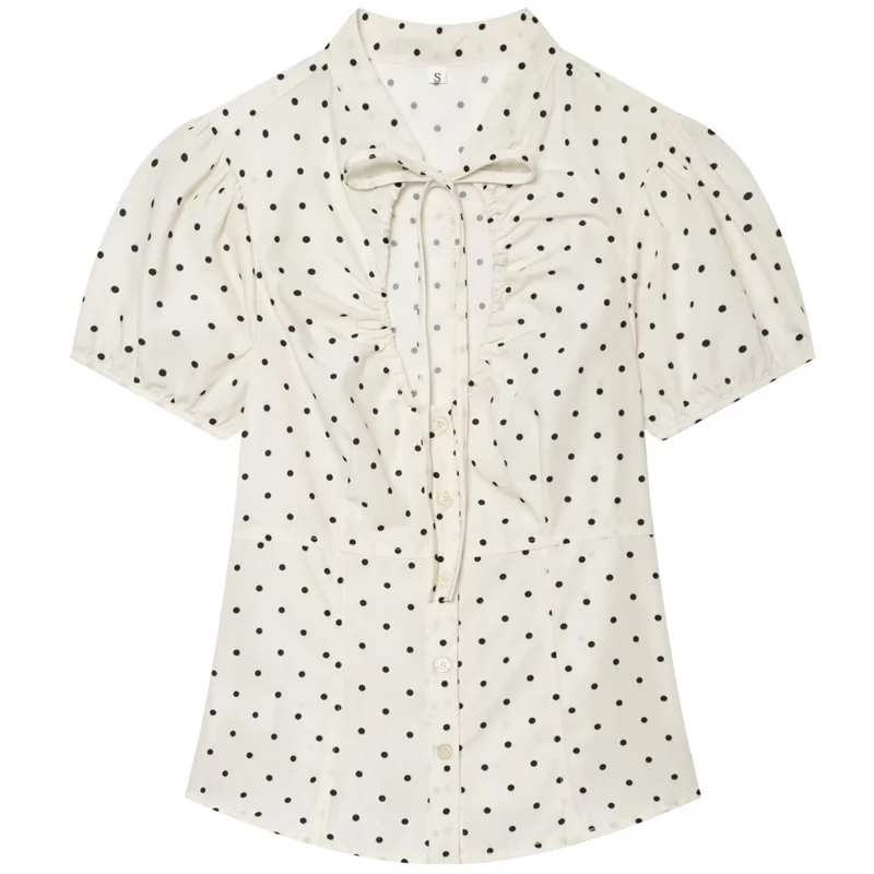 HXAO Polka Dot Crop Bluse Damenhemd Sommer 2026 Rüschen-Schnürbluse mit Puffärmeln Popeline-Knopfbluse Resort-Bluse – Detail 4