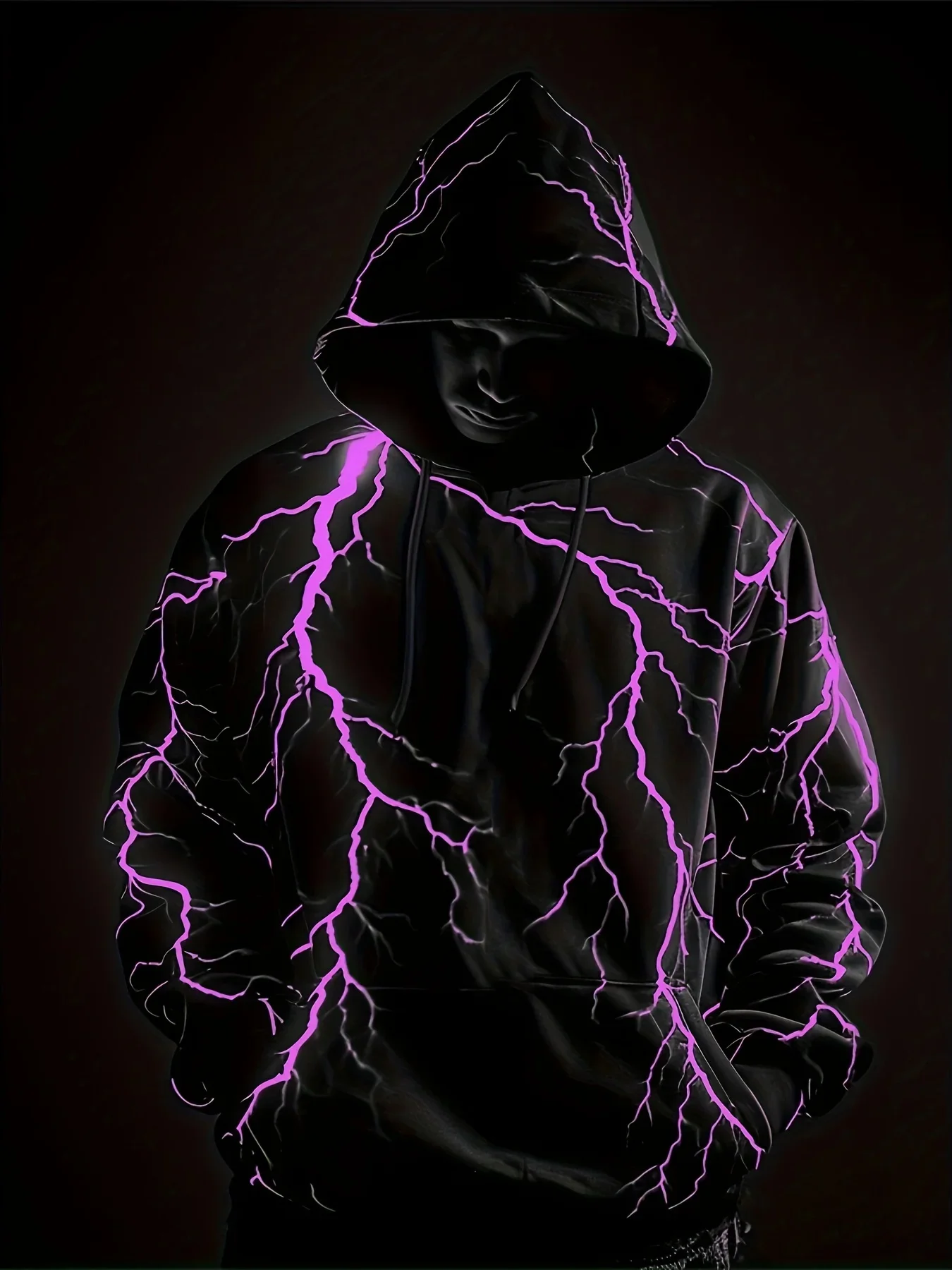 Fioletowa bluza męska z nadrukiem elektrycznego błyskawicy - luźny krój, regulowany sznurek, kieszenie z przodu, modna