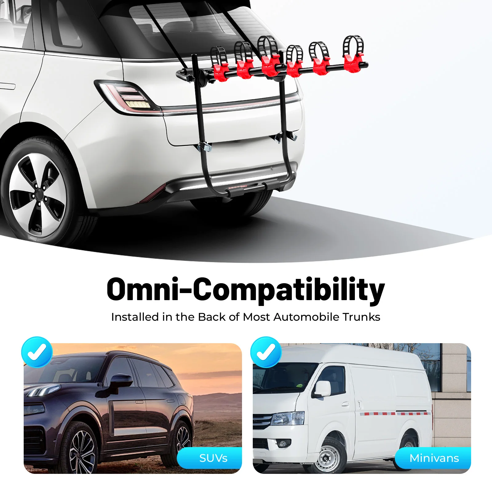 3-Bike Car Rack, Carbon Steel, Trunk Mount Bike Rack, Holds 44lbs, with Thick Padding, Universal Fit, for SUV & Sedan