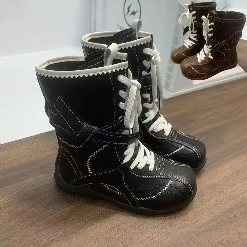 

Роскошные винтажные ботинки-бутинки, детские осенне-зимние боксерские ботильоны до середины икры из матовой кожи, повседневная обувь высокого качества для маленьких девочек