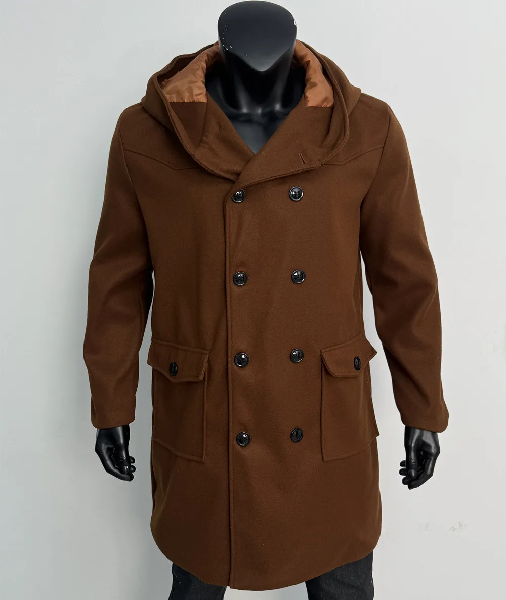 Men Hooded Wool Blends Trench Coat Double Breasted Mid Length Overcoat Work Casual Thick Warm Jacket Pockets Autumn Winter 2026