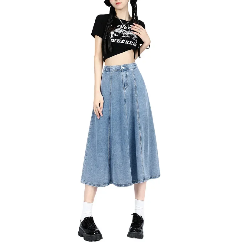 

2024 Denim Skirts Women Slim A-line Mid-calf Summer Solid Simple Korean Style Casual Y2K Streetwear Casual Loose Straight Skirt