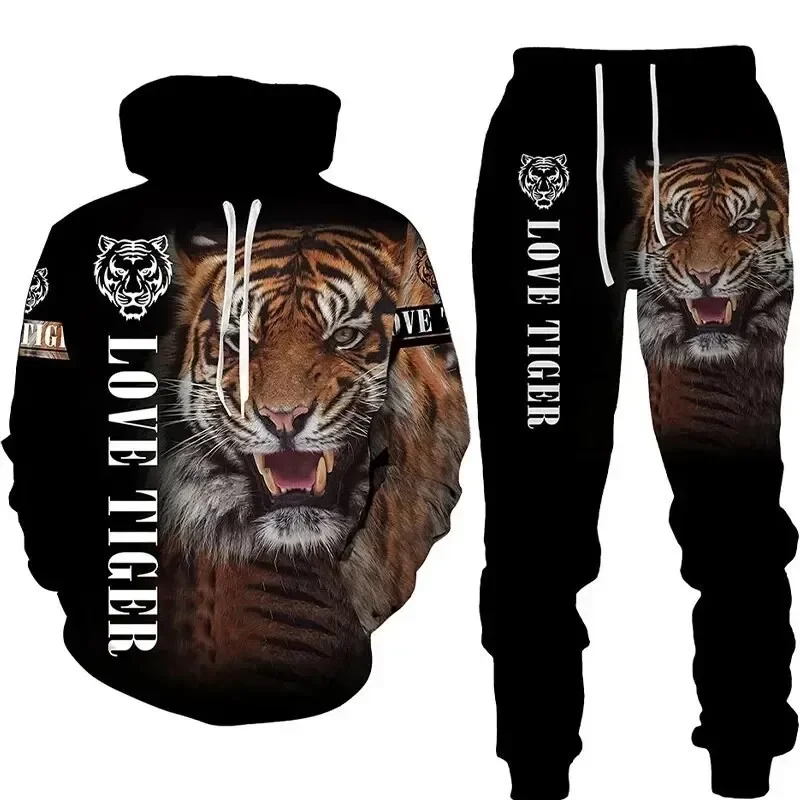 Setelan Hoodie pria, baju latihan motif hewan harimau 3D, baju Pullover lengan panjang, pakaian jalanan kasual ukuran besar musim gugur musim dingin kualitas tinggi