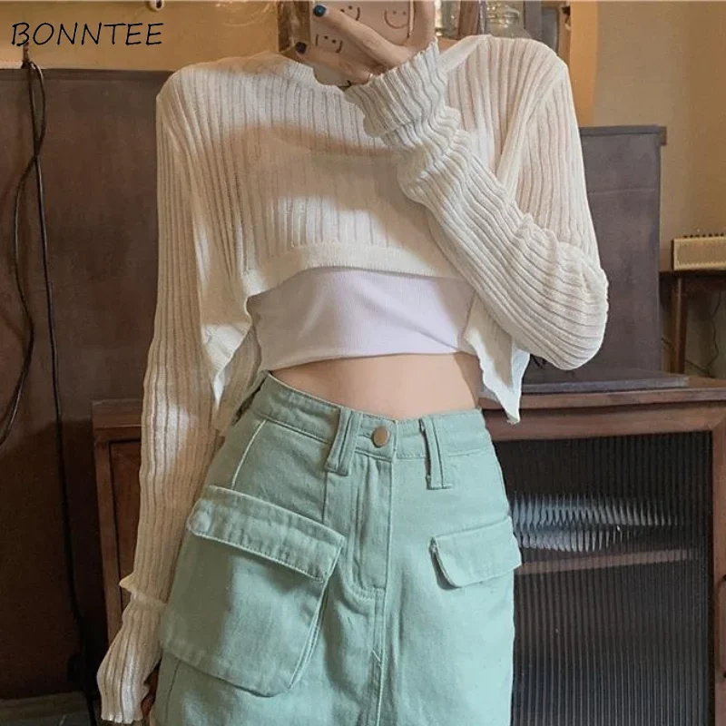 

Pullovers Women Spring Baggy Solid Sun-proof Sweet All-match Vintage Korean Fashion Hollow Out Crop Knitting Женское Casual Ins