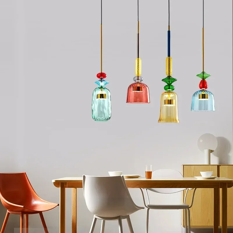 Modern LED Glass Pendant Light Colorful Macaron Single Head Pendant Light Bedroom Children's Room Home Decoration Light
