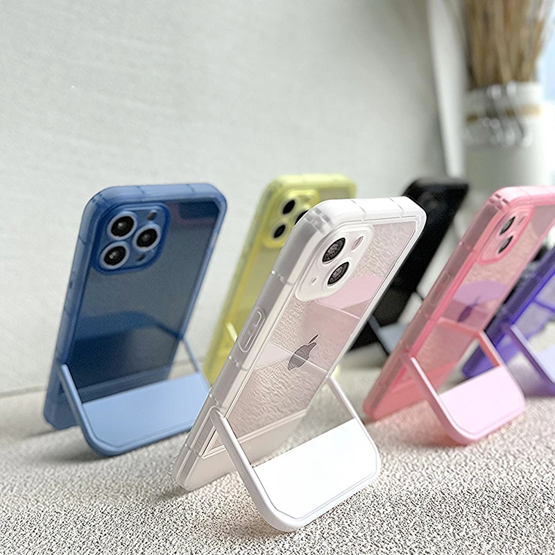 Luxury Holder Stand Bracket Transparent Phone Case For iPhone 11 12 13 14 15 16 Pro Max  X XS XR 7 8 Plus Clear Silicone Cover