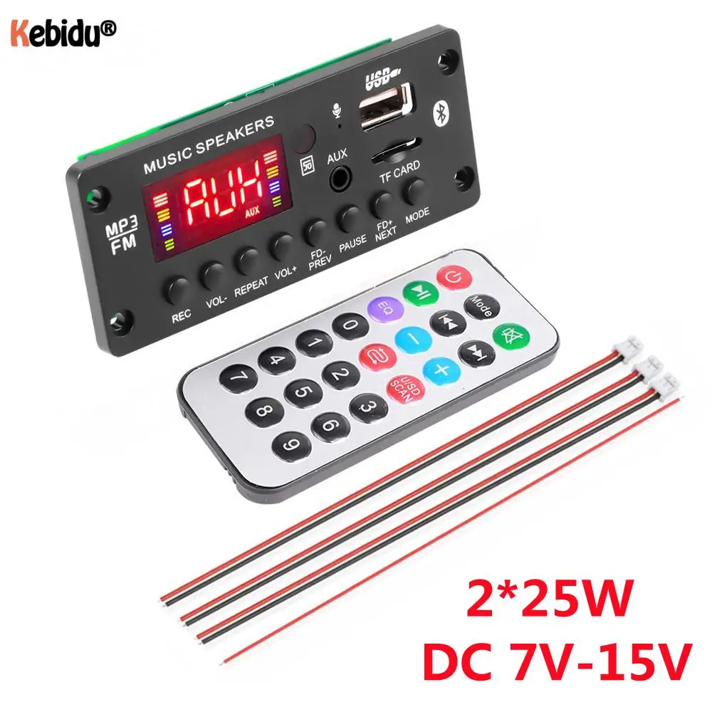 Kebidu DC 7V-15V 2*25W Amplifier MP3 Decoder Board 50W MP3 Player Bluetooth5.0 USB Module FM AUX Radio Recording For Car Speaker