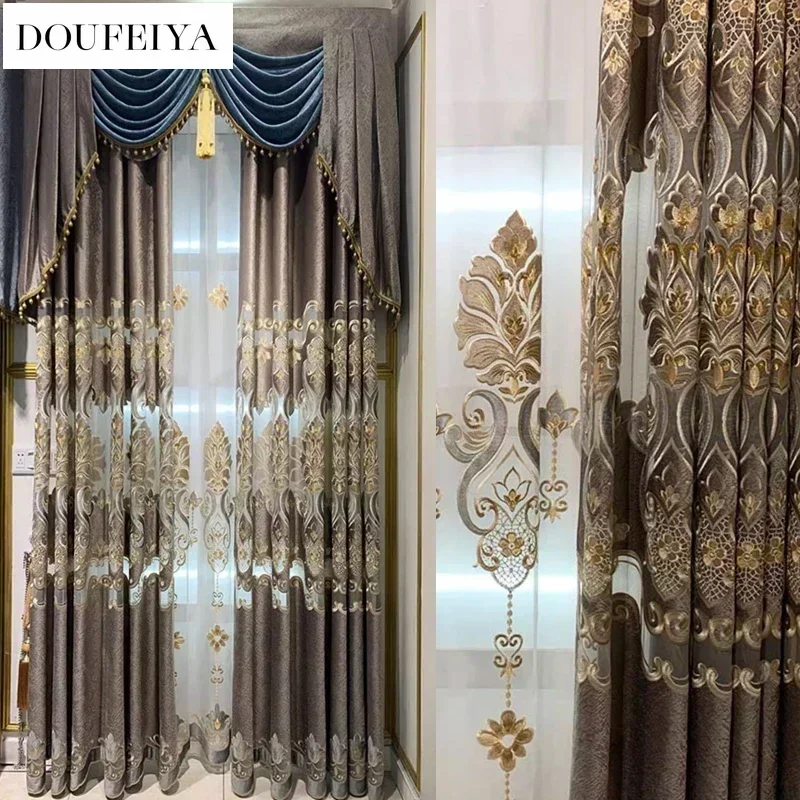 

European Embroidered Grey Luxury Curtains for Living Room Bedroom Blackout Valance Window Screening Villa Decor Tulle Custom