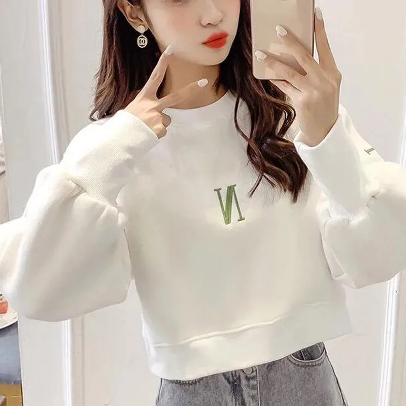 Winter Effen Kleur Geborduurd Brief Korte Trui Sweatshirts Vrouwen Nieuwe Hoge-Kwaliteit Lange Mouw O-Kraag Alle-wedstrijd Top 2022