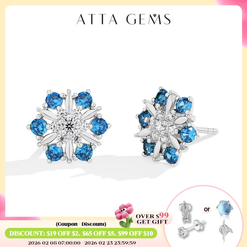

ATTAGEMS Snowflake Shape Moissanite Diamond Stud Earrings for Women Lab Blue Zircon S925 Sterling Silver Wedding Daily Gifts New