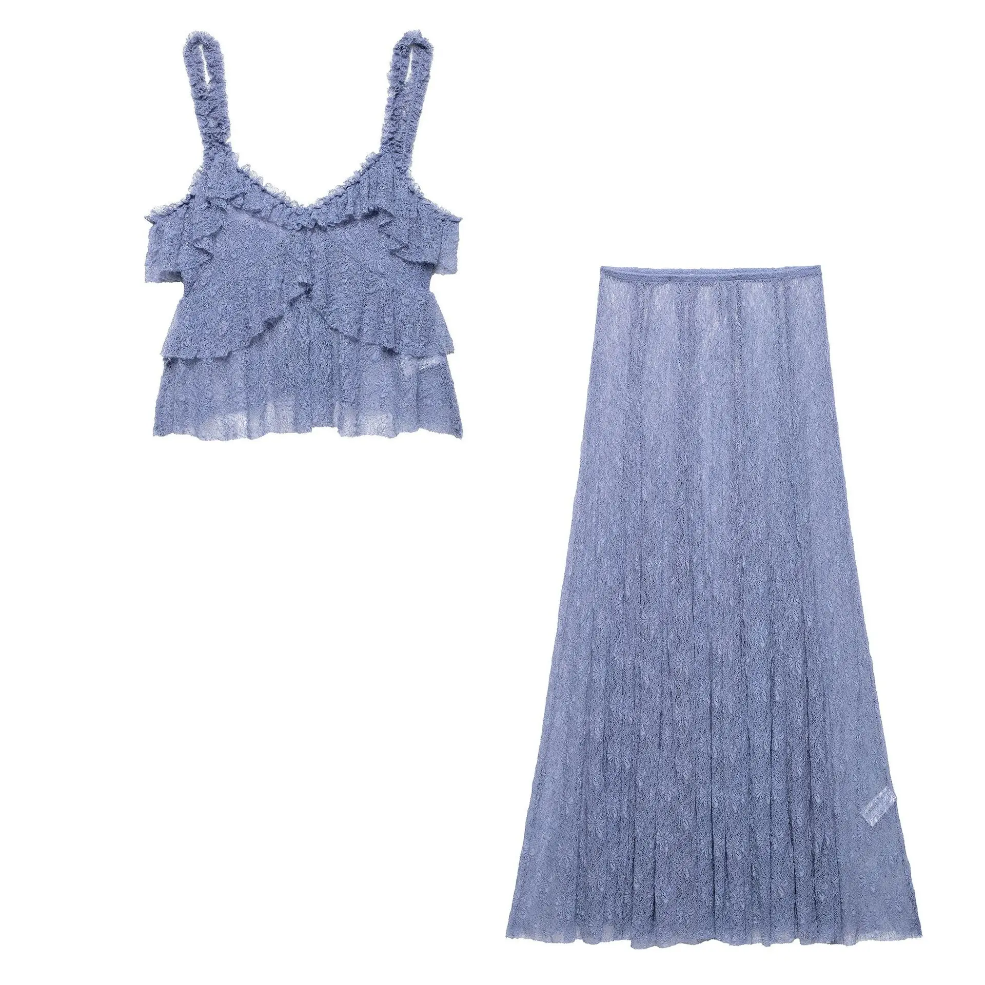 Ropa de mujer 2025, novedad de verano, conjunto de falda de medio cuerpo y Top en capas de encaje transparente
