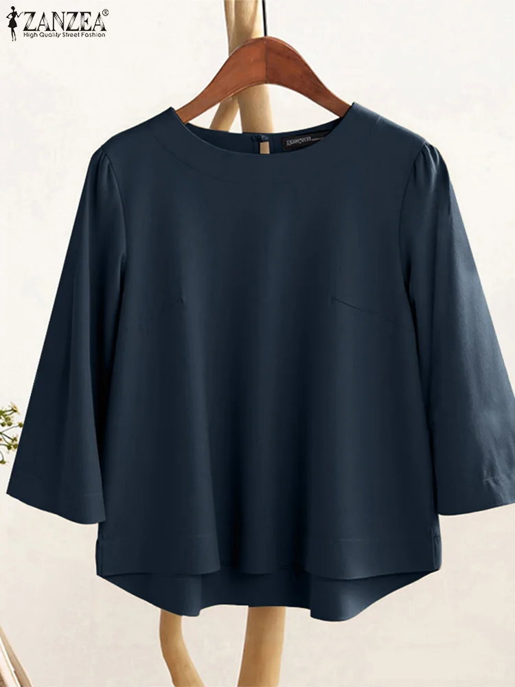 ZANZEA 2025 가을 패션 코튼 린넨 블라우스 여성 캐주얼 라운드 넥 3/4 슬리브 통기성 Blusas Mujer Solid Tops