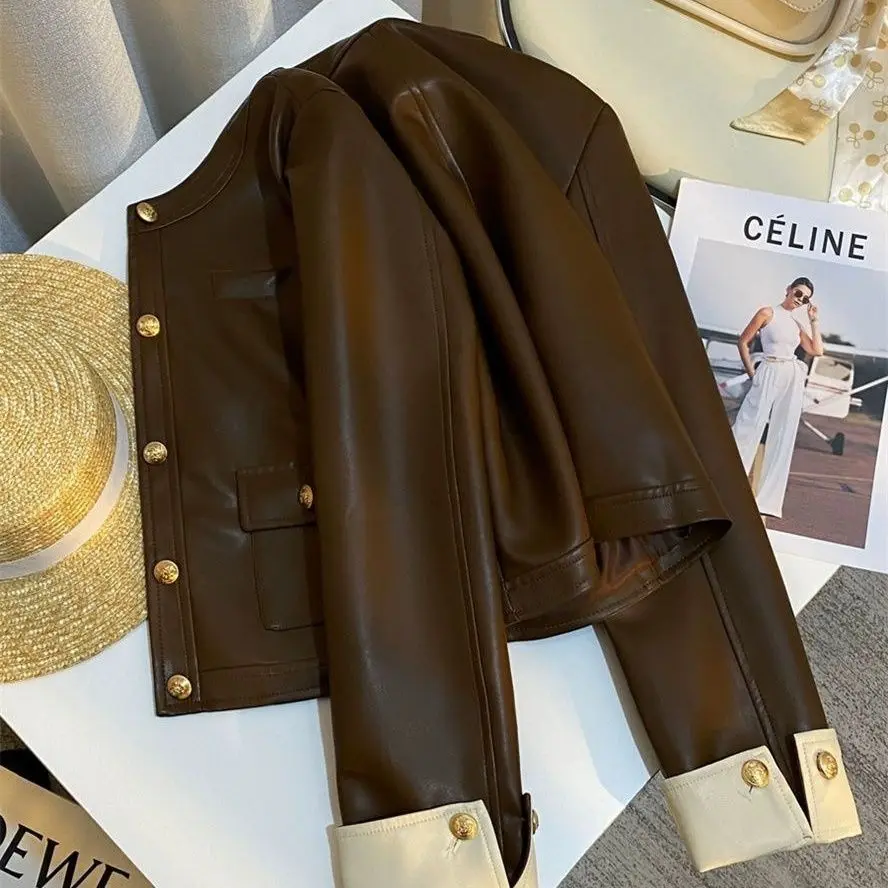 2024 Autumn New Product Coffee Color Trendy Leather Jacket Short Coat Female Internet Celebrity Fashion High Sense Top Trendy