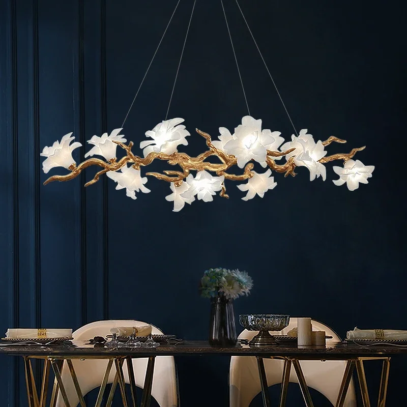 New 2026 Flower Lamp Copper Chinese Tea Room Lamp Luxury Restaurant Pendant Lamp Art Flower Living Room Decoration
