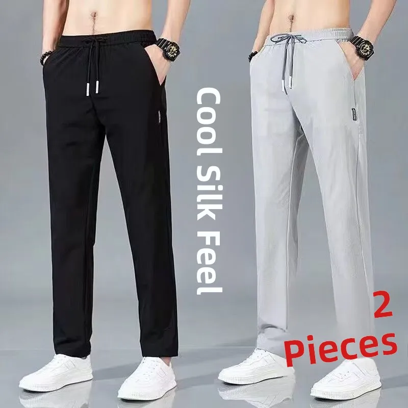 Pantaloni estivi sottili casual in seta di ghiaccio da uomo larghi di grandi dimensioni elastici versatili resistenti all'usura sport gamba dritta da uomo alla moda Tr...