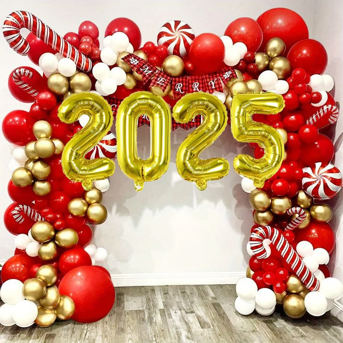 2025 Happy New Year Christmas Decoration Balloon Arch Red Lollipop Cane Aluminum Film Balloon Christmas Party Decoration Balloon