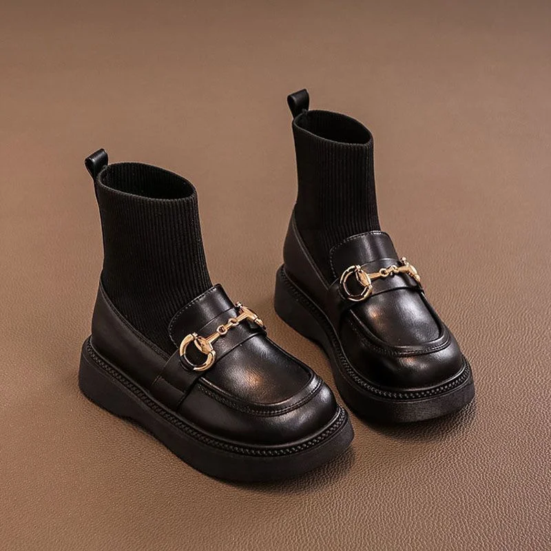 

Children Fashion Boots 2023 New Black Middle and Large Kid Loafers Fall Winter Padded Non-slip Small Princess Sock Boots