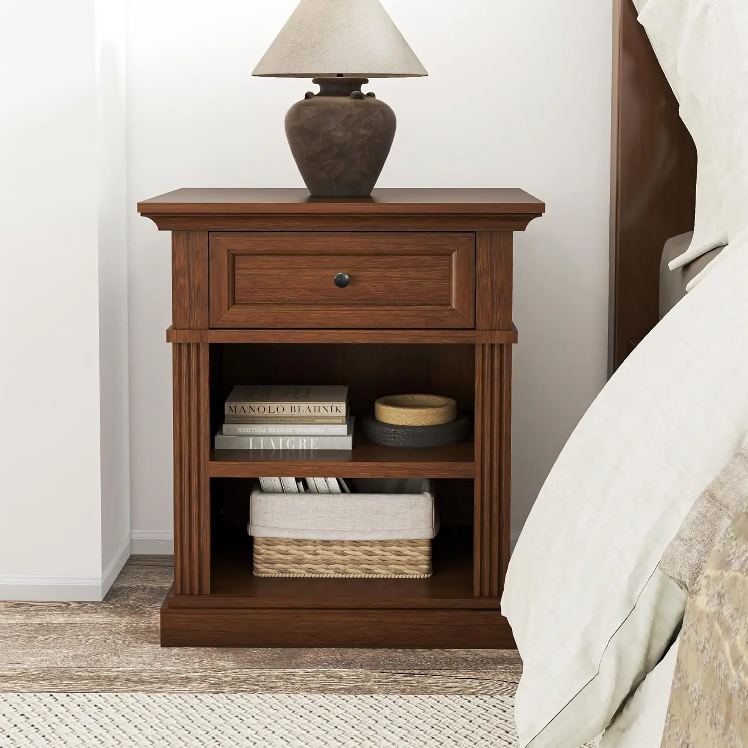 

Nightstand, Solid Wood End Table with Drawer, Timeless Classic Side Table for Bedroom, Living Room