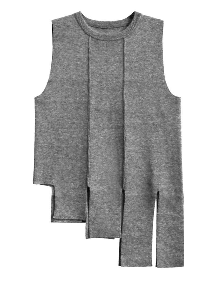 [EAM] Gray Slit Hem Big Size Knitting Sweater Round Neck Sleeveless Women Pullovers New Fashion Tide Spring Autumn 2024 1DH7455