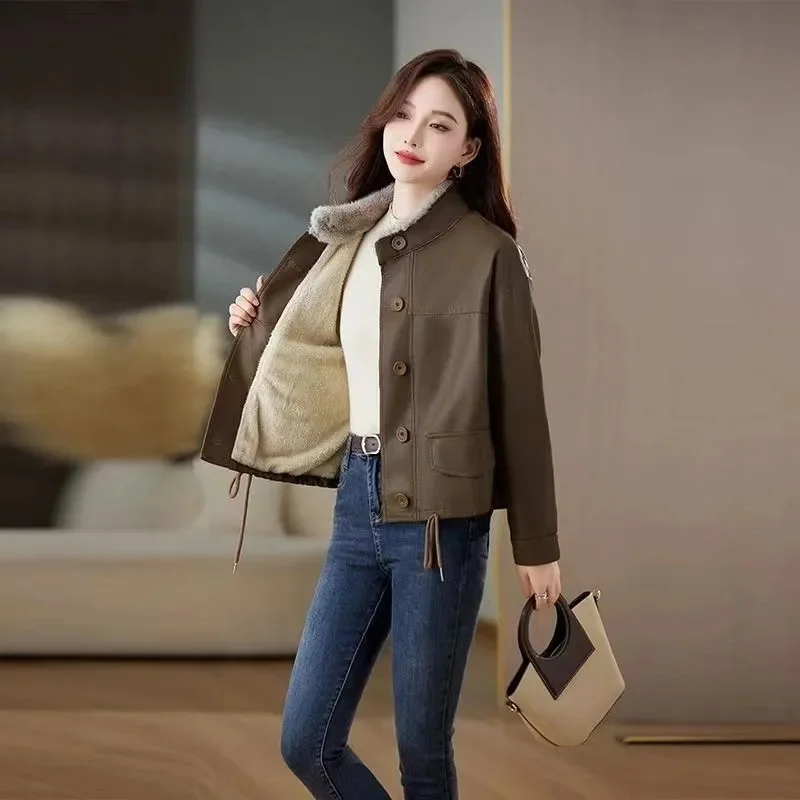Prendas de vestir de cuero de moda coreana para mujer, chaqueta de piel sintética de manga larga para otoño e invierno, abrigo de cuero PU de ocio para mujer 2025