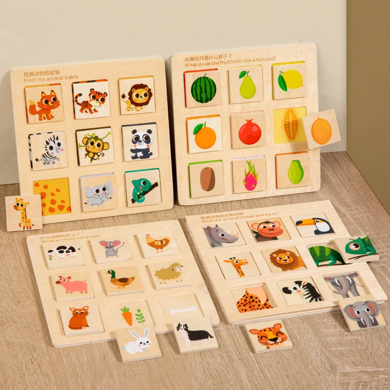 Wooden Logical Thinking Matching Puzzle Cognitive Board Montessori Teaching Aid Fruit Animal Pairing Board Educational toys