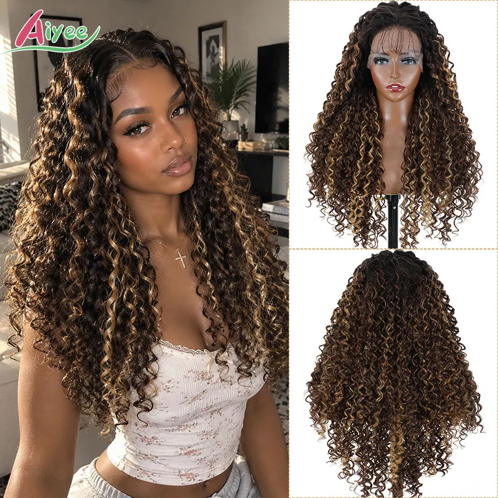 250 Density 270g 22 Inch 13x4 Lace Front Wig Copper Highlight Ombre Curly Hair Natural Heat Resistant Synthetic Hairpiece Women