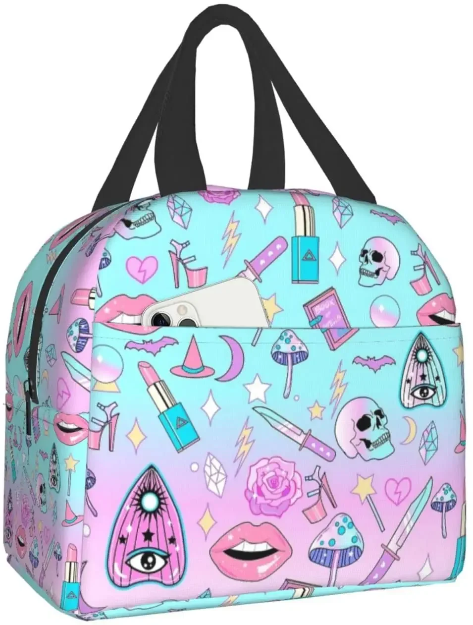 Lunch Bag Pastel Witch Goth Witchy for Women Insulated Portable Lunch Box with Front Pocket for Work Reusable Cooler Tote Bag