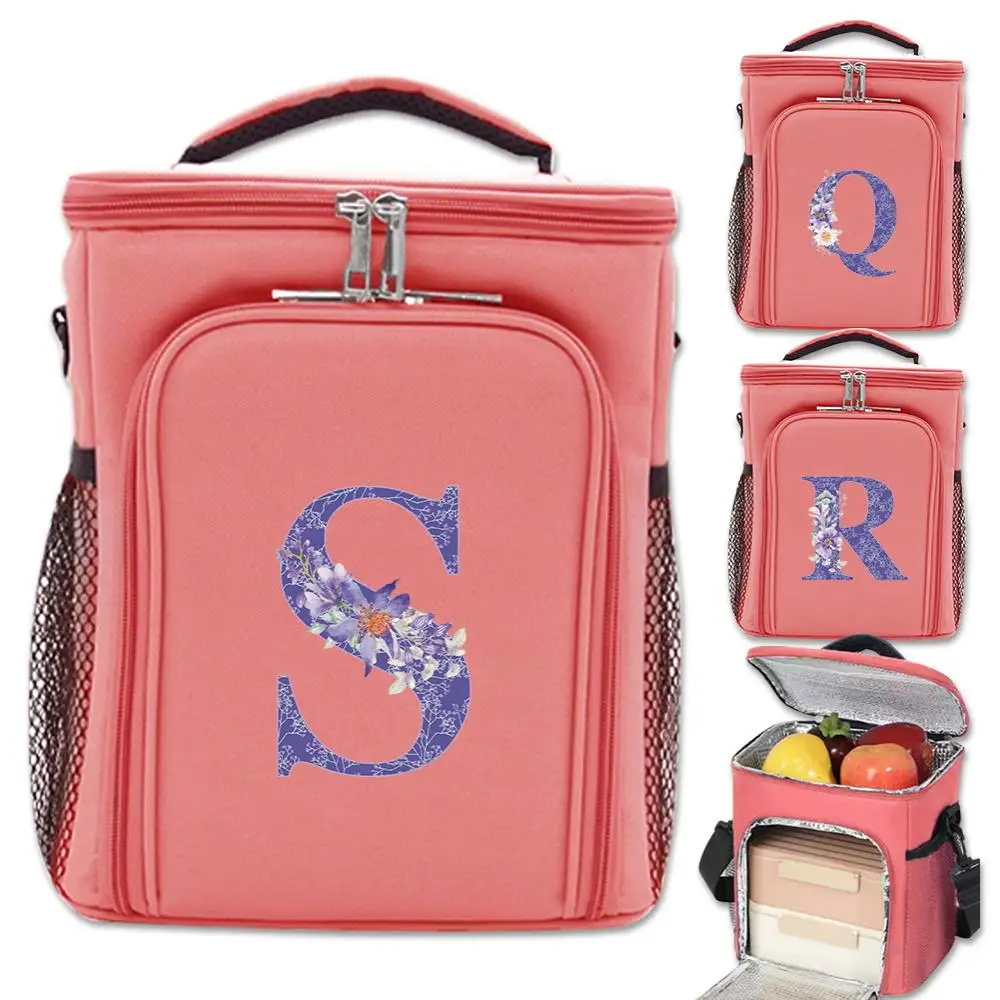 Purple Flower Series Print Pattern Large Capacity Minimalist Lunch Insulation Bag Waterproof Insulated Portable Zipper Lunch Bag