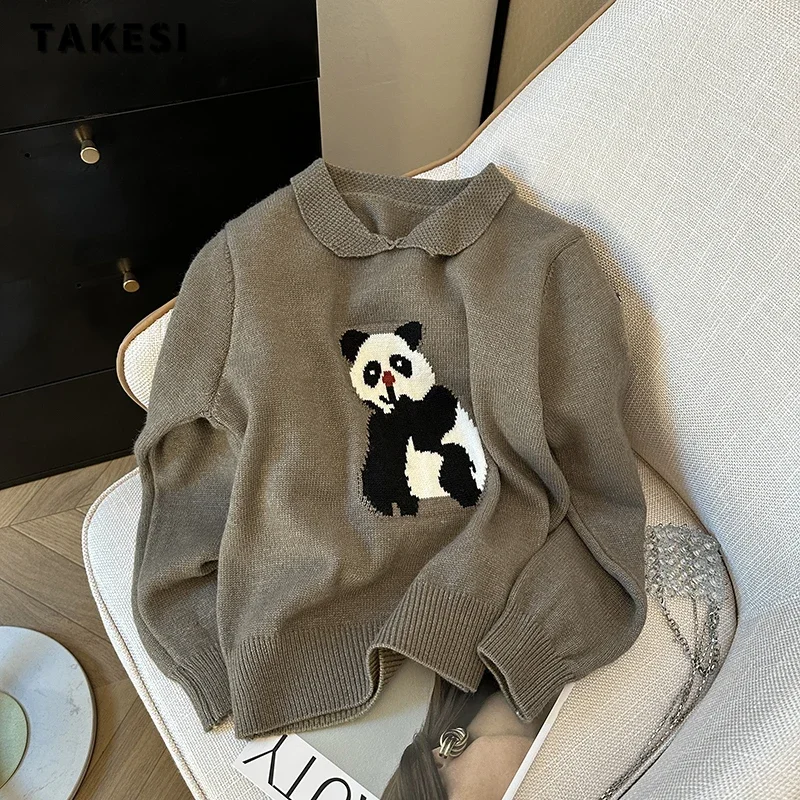 Women's Vintage Sweet Knitting Long Sleeve Casual Pullovers 2023 Winter Turn Down Collar Ladies Loose Female Panda Print Sweater