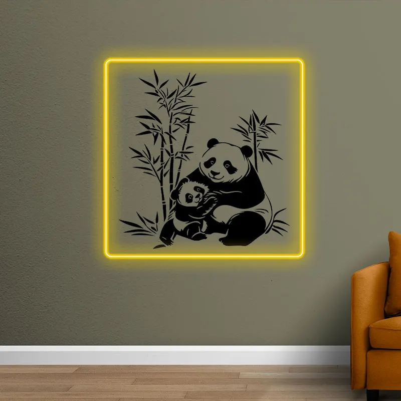 Toysign Panda Family Bamboo Neon Wall Light, Elegant LED Art for Living Room, Nursery Decor, Gift for Panda Lovers, Yellow Frame