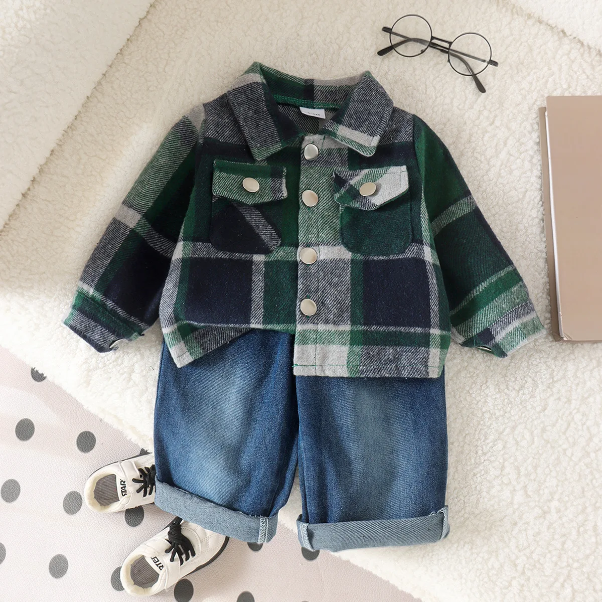 2026 European American Kids Spring Fall Unisex Baby Set New Plaid Shirt Long Sleeve Coat Vintage Jeans Two Piece Set