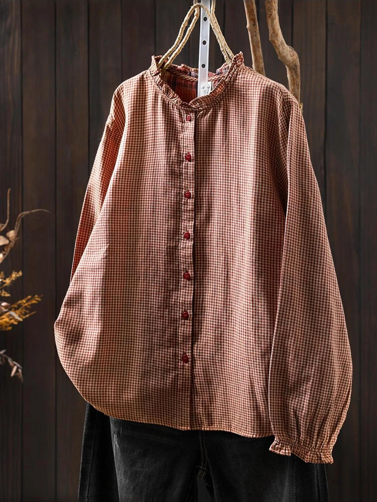 المرأة طويلة الأكمام عادية منقوشة قميص جديد وصول 2025 الخريف خمر نمط الوقوف طوق فضفاض الإناث ملابس علوية من القطن قمصان M2038