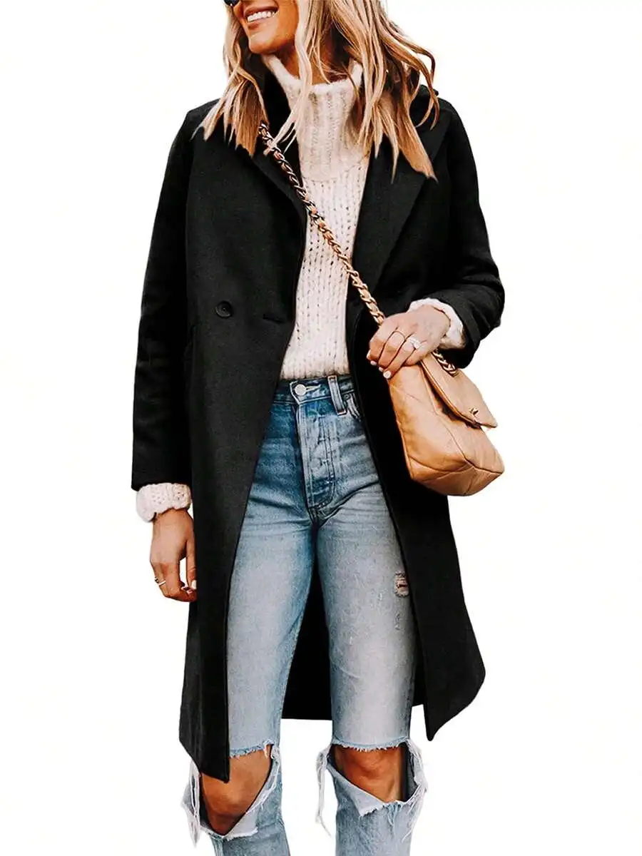 

Женское черное двубортное шерстяное пальто с отложным воротником для повседневной носки зимой